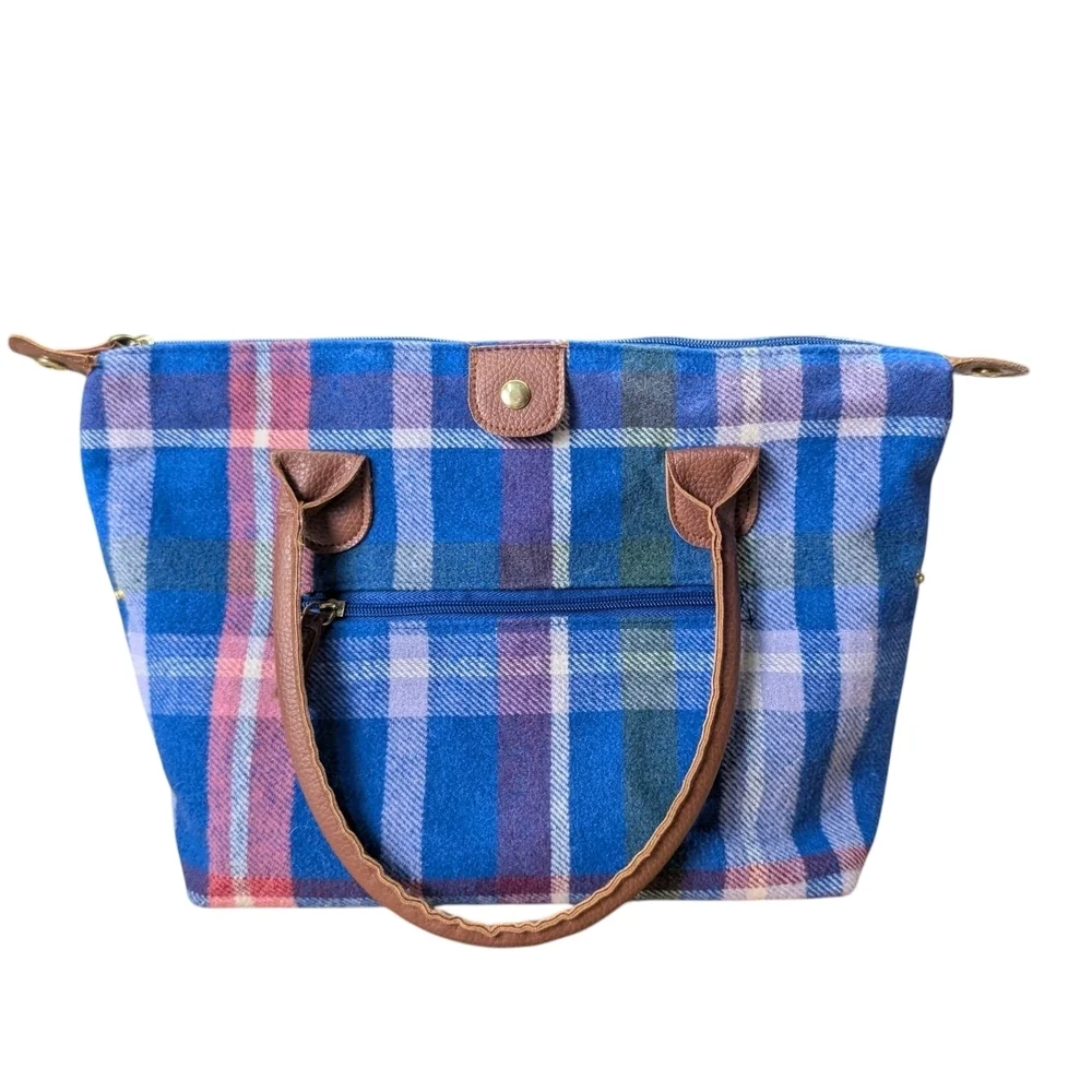 Woman Within Plaid Blue Brown White Pink Green Women's Handbag EUC Zipper Pocket - Picture 11 of 11